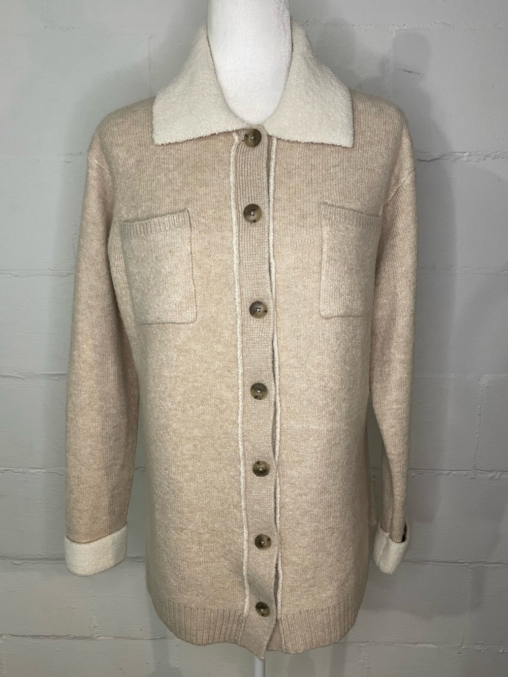 Sincerely Jules Beige Cardigan with Cream Sherpa Collar